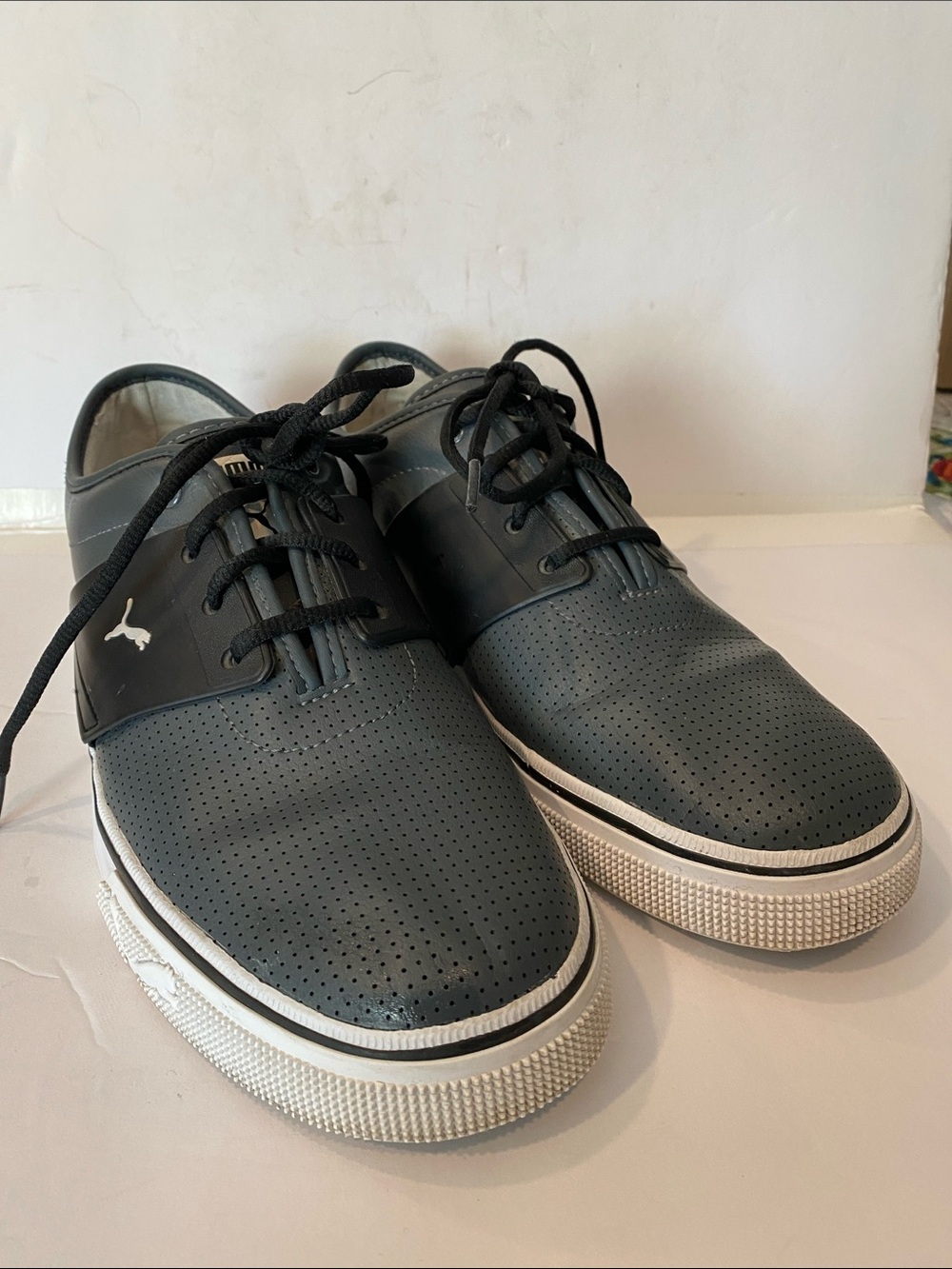 Puma Men’s Gray and Black El Ace Textured Perforated Leather Lace-Up Sneakers